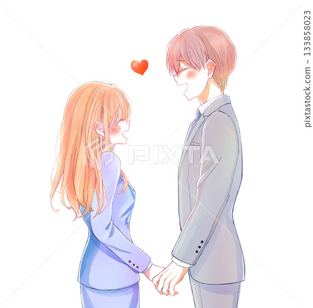 Male and female business people facing each other, love, smile, hold hands Male and female business people facing each other, love, smile, hold hands 133858023