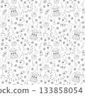 Christmas seamless pattern with sweaters, mittens, gifts, black and white 133858054