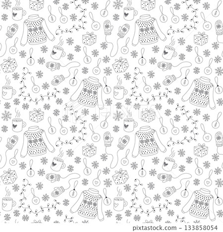 Christmas seamless pattern with sweaters, mittens, gifts, black and white 133858054