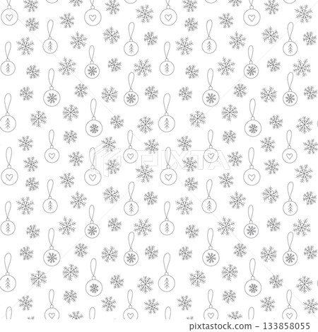 Winter pattern with hand drawn snowflakes and Christmas decorations, balls 133858055