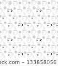Cozy morning in winter pattern with mugs of tea, black and white outline drawing 133858056