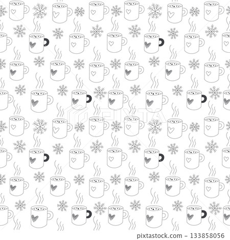 Cozy morning in winter pattern with mugs of tea, black and white outline drawing 133858056