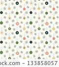 Winter pattern with hand drawn snowflakes and Christmas balls pink white green 133858057