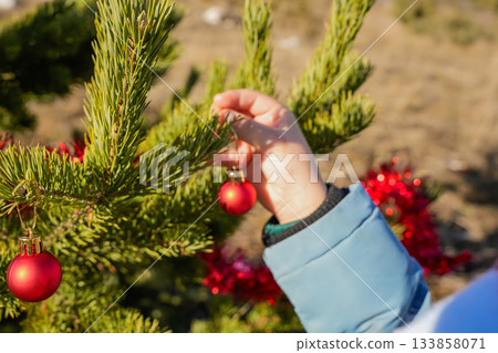 Close-up of a hand placing a round Christmas ornament on green fir branches. Focus on festive decoration, Christmas tree details, and holiday preparation. Face not visible. 133858071