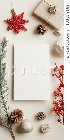 Blank Christmas greeting card mockup. Blank white card surrounded by festive Christmas and winter holiday decorations Blank Christmas greeting card mockup. Blank white card surrounded by festive Christmas and winter holiday decorations 133858168