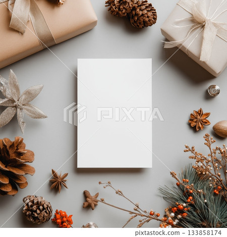 Blank Christmas greeting card mockup. Blank white card surrounded by festive Christmas and winter holiday decorations 133858174