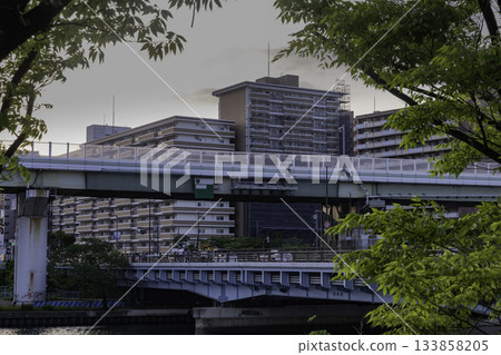 Urban landscape of a housing complex and a bridge over a main road Urban landscape of a housing complex and a bridge over a main road 133858205