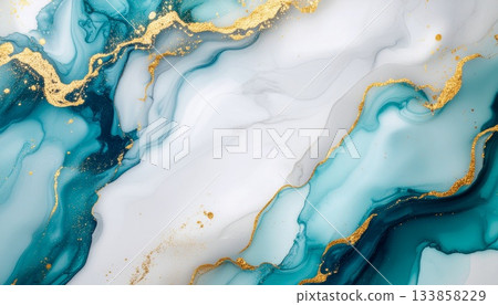 Luxury abstract background of blue alcohol ink and gold foil for fashion, cosmetics and weddings 133858229