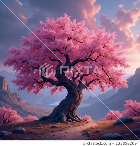 Majestic cherry blossom tree stands in tranquil landscape Generative AI 133858269