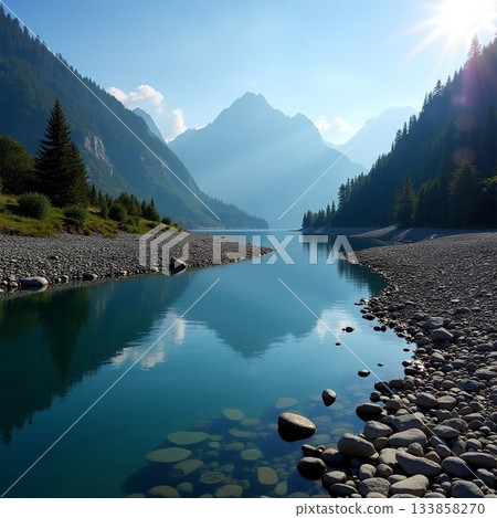 Majestic mountain river reflects the morning sky Generative AI 133858270