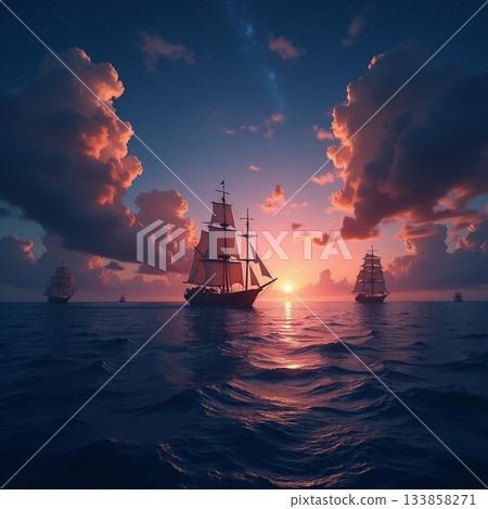 Sailing towards the glowing horizon at sunset Generative AI 133858271