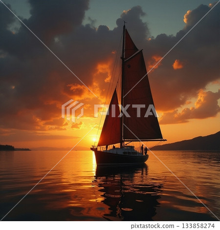 Sailing into a vibrant sunset over calm waters Generative AI 133858274
