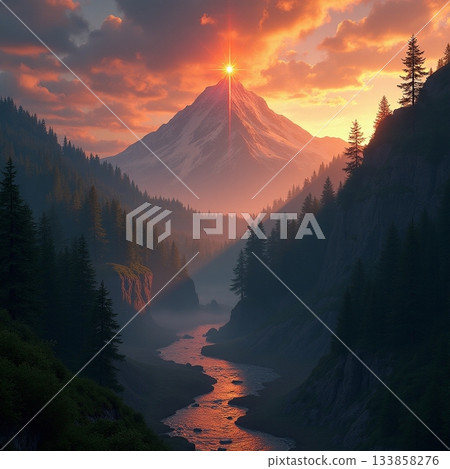 Majestic mountain shines bright under evening sky Generative AI 133858276