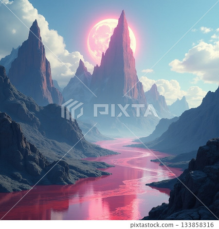 Vibrant sunset illuminating jagged mountains over river Generative AI Vibrant sunset illuminating jagged mountains over river Generative AI 133858316