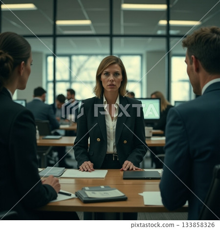 Team meeting in a modern office setting with focused participants Generative AI 133858326