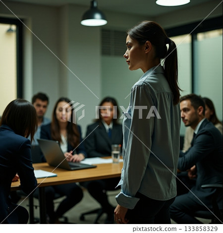 Engaging team meeting in a modern conference room setting Generative AI 133858329