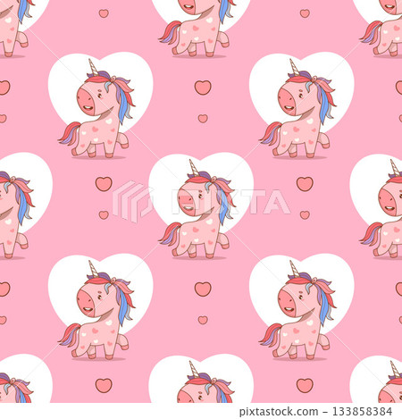 Romantic Seamless pattern. Cute Unicorn with Heart on Pink background. Funny Holiday Little Horse Kawaii fantasy Animal character Valentine. Vector illustration. Kids collection. Not AI Romantic Seamless pattern. Cute Unicorn with Heart on Pink background. Funny Holiday Little Horse Kawaii fantasy Animal character Valentine. Vector illustration. Kids collection. Not AI 133858384