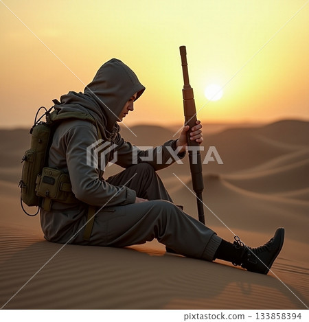 Soldier resting in a desert during sunset Generative AI 133858394
