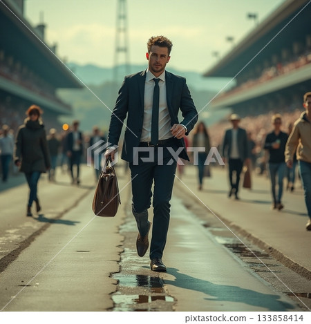 Confident man walks through a busy crowd in the city Generative AI 133858414