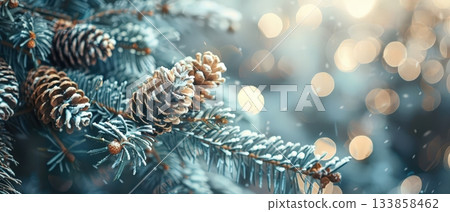 Frosted pine cones on snowy evergreen branch 133858462