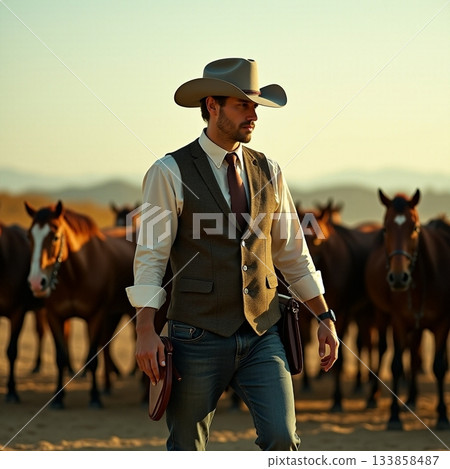 Cowboy walks confidently among a herd of horses at sunset Generative AI Cowboy walks confidently among a herd of horses at sunset Generative AI 133858487