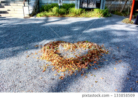 [Shizuoka] Atami in winter: A heart made of fallen leaves in front of the main hall of Kinomiya Shrine 133858509