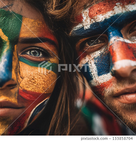 Close-up of a fan with colorful face paint Close-up of a fan with colorful face paint 133858704
