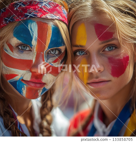 Close-up of a fan with colorful face paint 133858705