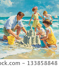 Happy family building sandcastles on the beach 133858848