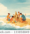 Happy family building sandcastles on the beach 133858849