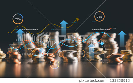 Stack of gold coins beside an upward graph and chart symbolizes business growth, market success, and profitable investment driven by strategic marketing, finance, and money management. 133858913
