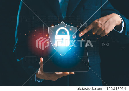 Businesswoman stands before virtual security system, futuristic technology like biometric fingerprint scanner, password, key access to guard sensitive data-illustrating concept of digital protection. 133858914