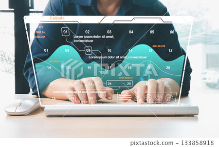 Hand typing laptop futuristic digital dashboard displaying data points analytics charts interface elements representing data analysis business intelligence technology innovation digital transformation 133858918