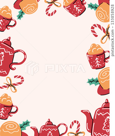 Vector winter frame with red teapots, candy canes, and gingerbread on light background. Festive border with space for text for greeting cards or holiday invitations. Vector winter frame with red teapots, candy canes, and gingerbread on light background. Festive border with space for text for greeting cards or holiday invitations. 133858928