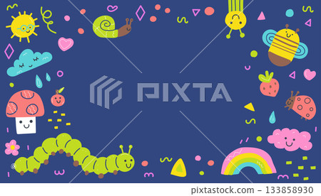 Vector frame with funny insects, rainbows, clouds, and flowers on dark blue background. Cute cartoon border for kids invitations, greeting cards, or school projects. 133858930