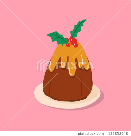 Adorable Christmas pudding topped with holly berries. Sweet winter vector illustration. Adorable Christmas pudding topped with holly berries. Sweet winter vector illustration. 133858948