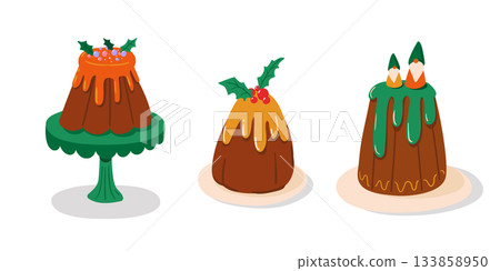 Charming Christmas cake collection. ute festive desserts and pudding. Vector illustration on white background. 133858950