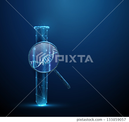 3d test tube under magnifying glass with DNA helix inside. Genetic analysis, DNA sequencing, molecular biology, clinical investigation concept. 133859057