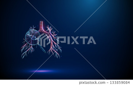 Red 3D human bronchial tree with magnifying glass and DNA inside. Genetic research, molecular diagnostics, respiratory health, biomedical innovation concept. Red 3D human bronchial tree with magnifying glass and DNA inside. Genetic research, molecular diagnostics, respiratory health, biomedical innovation concept. 133859084