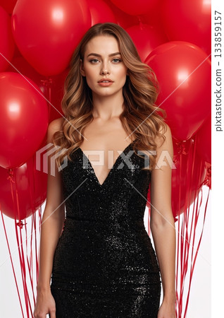 Elegant Young Woman in a Sparkling Dress Surrounded by Red Balloons 133859157