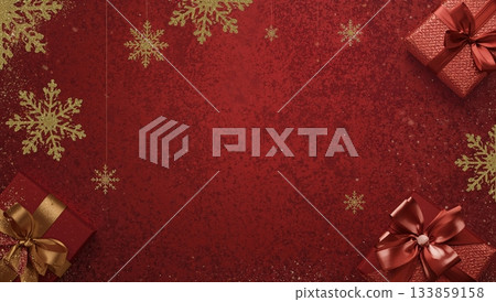 Colorful Gift Boxes and Snowflakes Create a Festive Christmas Atmosphere on a Red Background 133859158