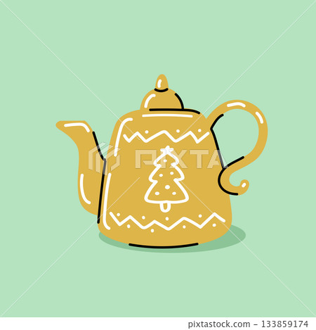 Vector illustration of a red teapot with Christmas tree pattern on green background. Cozy festive design for greeting cards, packaging, or winter decor. Vector illustration of a red teapot with Christmas tree pattern on green background. Cozy festive design for greeting cards, packaging, or winter decor. 133859174