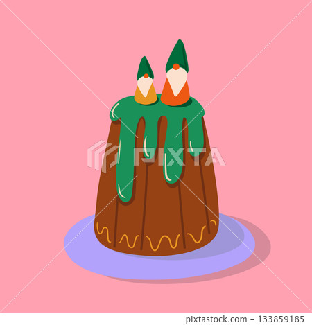Christmas cake with cute gnomes. Playful holiday dessert in vector illustration. Christmas cake with cute gnomes. Playful holiday dessert in vector illustration. 133859185