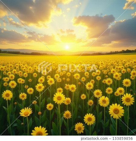 Sunset over a field of blooming sunflowers in summer Generative AI 133859856