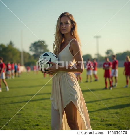 Sporty elegance combined in a sunny soccer field scene Generative AI 133859976