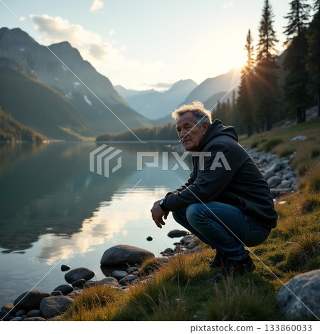 Man enjoying nature by a calm lake at sunset Generative AI Man enjoying nature by a calm lake at sunset Generative AI 133860033