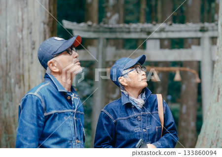 一對老年夫婦在神社附近散步。 133860094