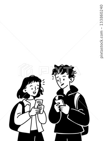 A black and white illustration of two students with backpacks holding phones and talking. 133860240