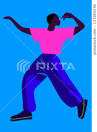 Person with dark skin dancing in a pink shirt and blue pants on a blue background. Person with dark skin dancing in a pink shirt and blue pants on a blue background. 133860248
