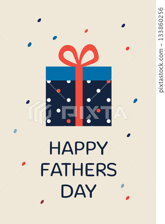 Dark blue polka dot gift box with a large red ribbon surrounded by confetti and text. Dark blue polka dot gift box with a large red ribbon surrounded by confetti and text. 133860256